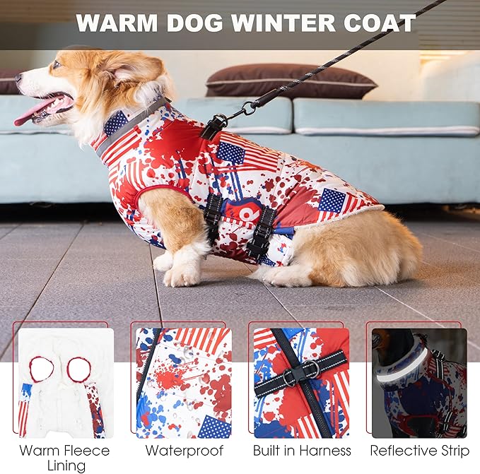 Dog Coat with Harness Built-in, Waterproof Reflective Fleece Lined - Warm Windproof Winter Jacket with Back Zipper, Cold Weather Snow Dog Coats - American Flag - L