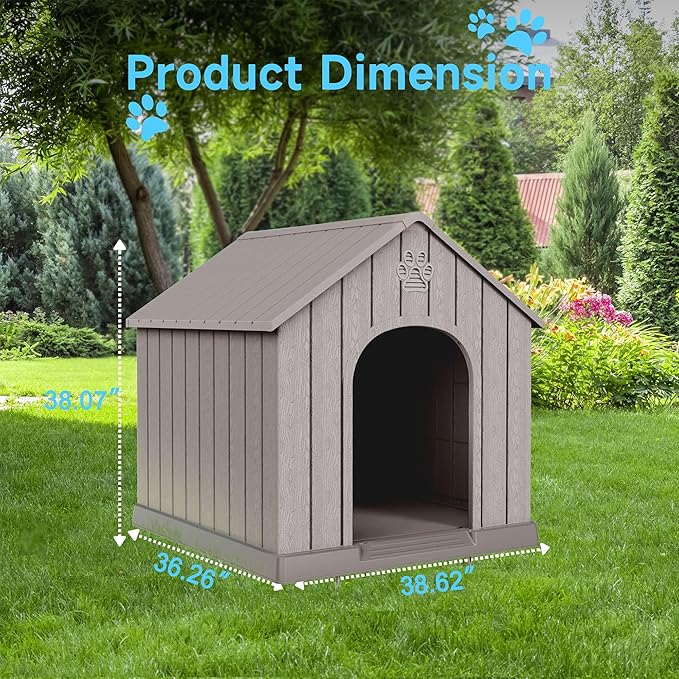 DRATO Indoor Outdoor Waterproof Dog House,PP Material,Puppy Shelter with Air Vents and Elevated Floor,Sturdy Dog Kennel for Small to Large Sized Dogs, Easy to Assemble (Gray, 38.62×36.26×38.07 Inches)