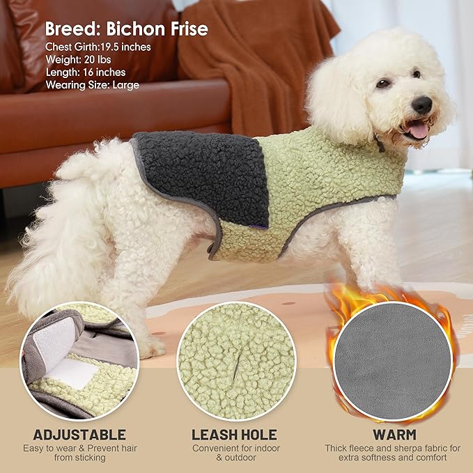 cyeollo Warm Dog Coat Sherpa Dog Winter Coat, Reversible Fleece Dogs Jackets Sweater Vest for Small Dogs Male with Leash Hole, Soft Cold Weather Pet Clothes, Khaki L