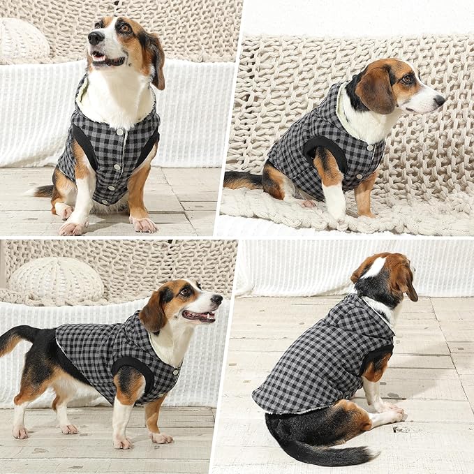 Fleece Lining Dog Hoodie for Medium Dogs Extra Warm Plaid Sweater with Drawstring Hooded Coats in Winter Doggie Jacket,Black L