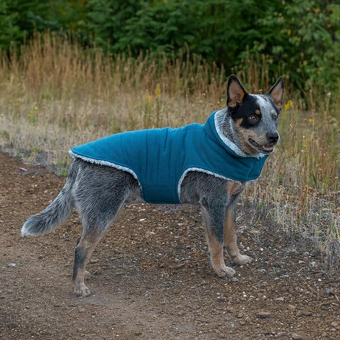 Furhaven Reversible Medium Dog Coat, Washable & Insulating w/ Leash Access - Two-Tone Faux Fur & Quilted Fleece Flex-Fit Jacket - Marine Blue, Medium