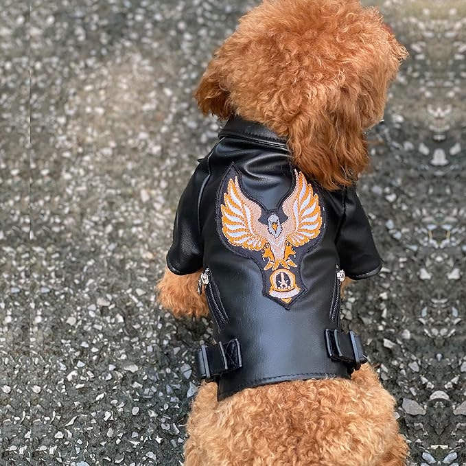 Lovelonglong Cool Dog Leather Jacket, Warm Coats Dogs Windproof Cold Weather Coats for Large Medium Small Dogs with Eagle Embroidery Black M