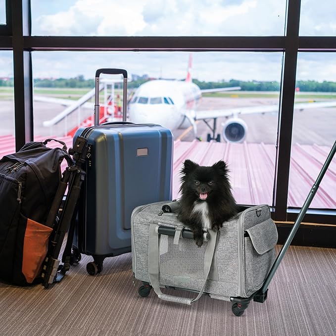 Pet Carrier With Wheels for Dogs Up To 15lbs – Airline Approved Dog Carrier - Rolling Pet Carrier w/ Removable Wheels & Washable Plush Mat – Cat Travel Carrier w/ Telescopic Handle & Shoulder Strap