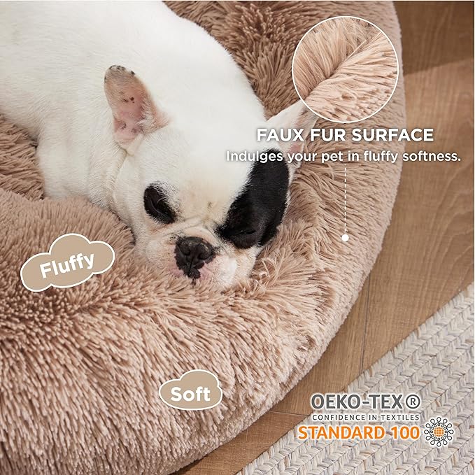 Bedsure Calming Dog Bed Medium Large Size Dogs - Donut Washable Large Pet Bed, 33 inches Anti-Slip Round Fluffy Plush Faux Fur Dog Bed, Camel