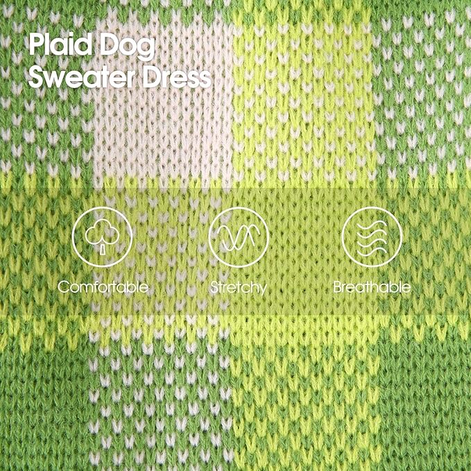 Dog Sweater Dress Plaid Knitwear for Small Medium Dogs Warm Puppy Pet Turtleneck Stretch Pullover Cute Fall Winter Vest Clothes with Leash Hole for Christmas (Green, 2XS)