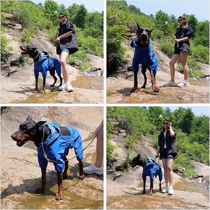 LOVELONGLONG Waterproof Dog Raincoat with Removable Hood – Outdoor Full Body Dog Jacket, Windproof Snowproof Shell Suit – All Season Pet Rain Gear Blue S