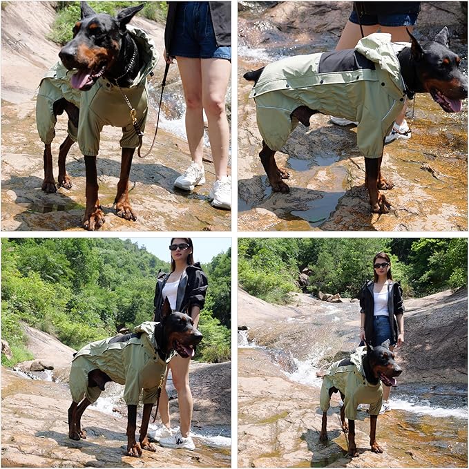 LOVELONGLONG Waterproof Dog Raincoat with Removable Hood – Outdoor Full Body Dog Jacket, Windproof Snowproof Shell Suit – All Season Pet Rain Gear Sage Green 3XL