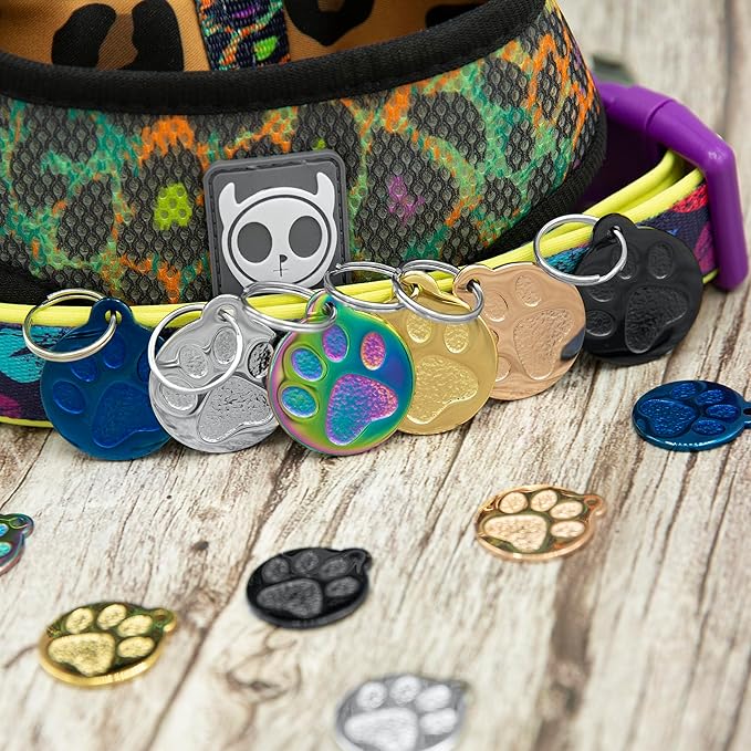 Engraved Pet Tag for Dogs and Cats - Personalized Front & Back up to 4 Lines of Text Custom Engraved ID, Round Paw Print Solid Plating Stainless Steel Nebula Small