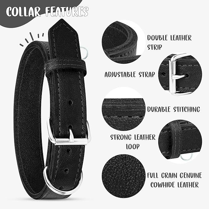 Riparo Dog Collar - Genuine Leather Dog Collars - Heavy Duty Dog Collars for Medium Large and Extra Large Dog Breeds (XL: 1.5” Wide for 22” - 26” Neck, Black)