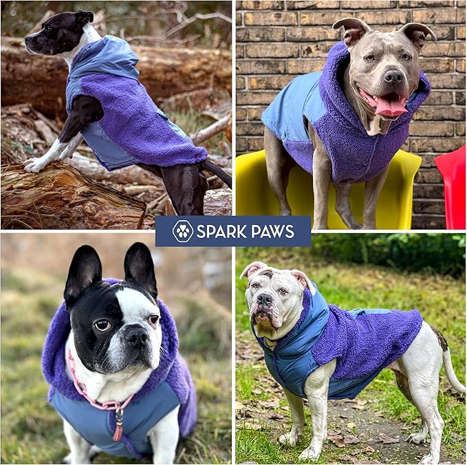 Spark Paws Reversible Dog Sweater, Sherpa Vest with Warm Fleece Lining, Warm Coat for Winter, Suitable for Small Medium, Large, XL XXL Dogs - Purple and Navy Blue - XL