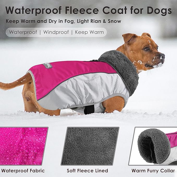 Dog Coat, Waterproof Ripstop Dog Winter Jacket with Leash Hole, Reflective Adjustable Warm Pet Fleece Snow Sweater for Small Medium Large Dogs - Rosy Red, XL