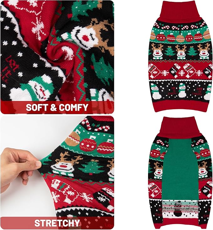 cyeollo Dog Christmas Sweater, Turtleneck Dog Sweaters for Small Dogs Girl & Boy Soft Pollover Doggy Clothes with Leash Hole Xmas Doggie Costumes, XL