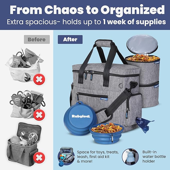 The Original Doggy Bag™ - Complete Dog Travel Bag for Supplies with 2 BPA-Free Travel Dog Bowls & 2 Pet Food Containers - Traveling Kit for Road Trips, Camping, Weekend Away or Doggy Gift - Grey