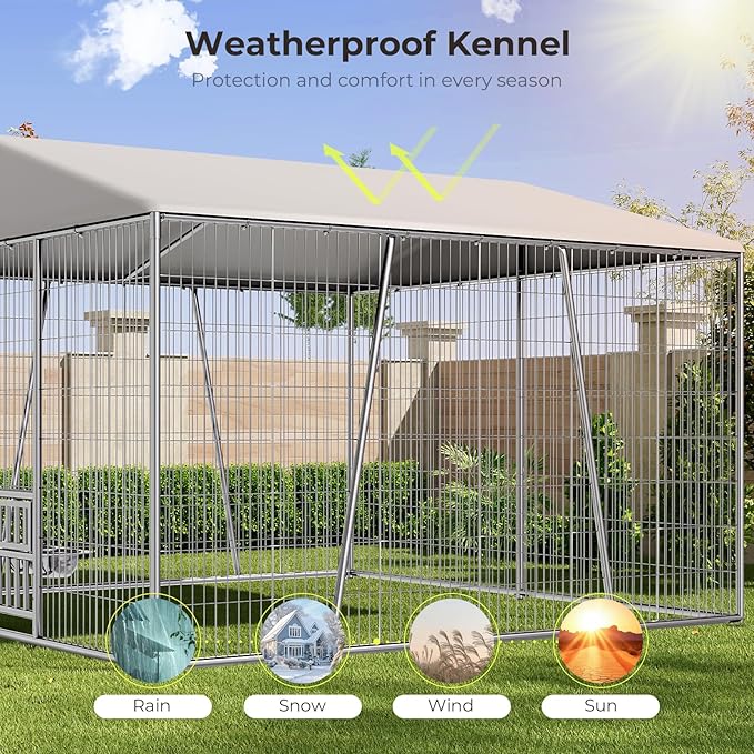 10 x 10 x 7FT Large Outdoor Dog Kennel with Large Feeding Bowls, Dog Kennel Outside with Roof, Galvanized Heavy Duty Chain Link Outdoor Dog Run Cage with Cover and Secure Lock