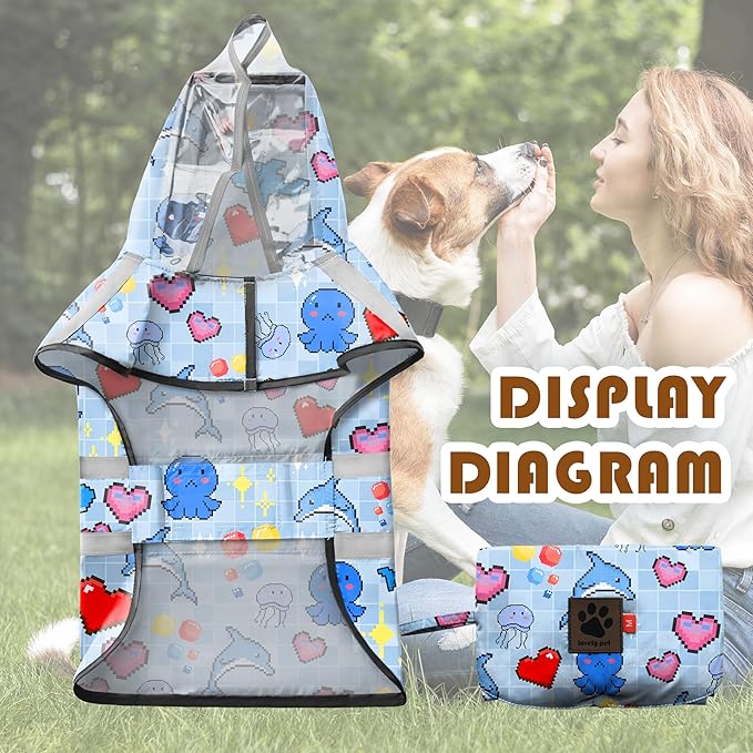 Dog Raincoat, Adjustable Rain Jacket with Hooded Double Layer for Large Medium Small Dogs Puppies, Lightweight Waterproof Rain Coat Poncho with Reflective Stripe Ocean Dolphin Blue,S