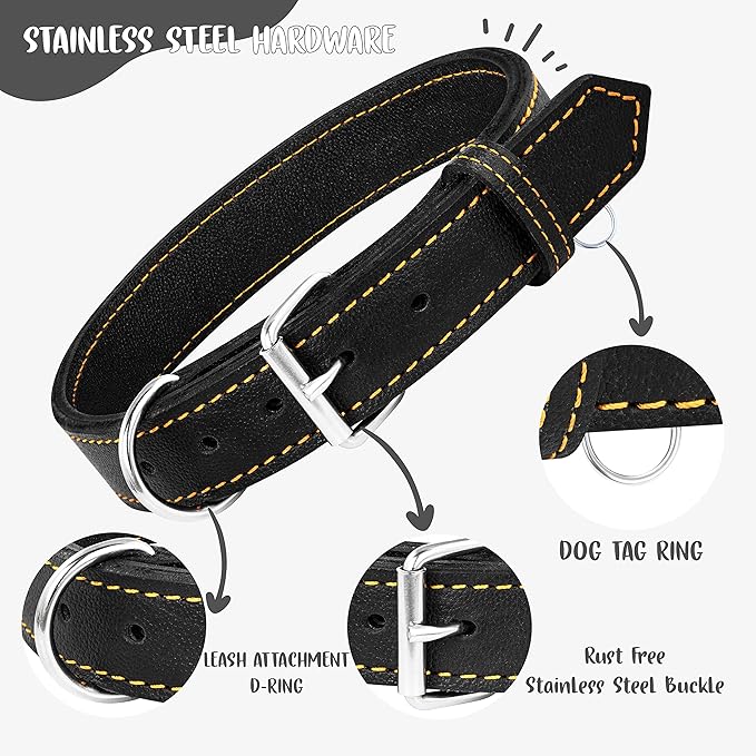Riparo Dog Collar - Genuine Leather Dog Collars - Heavy Duty Dog Collars for Medium Large and Extra Large Dog Breeds (XL: 1.5” Wide for 22” - 26” Neck, Black/Orange Thread)