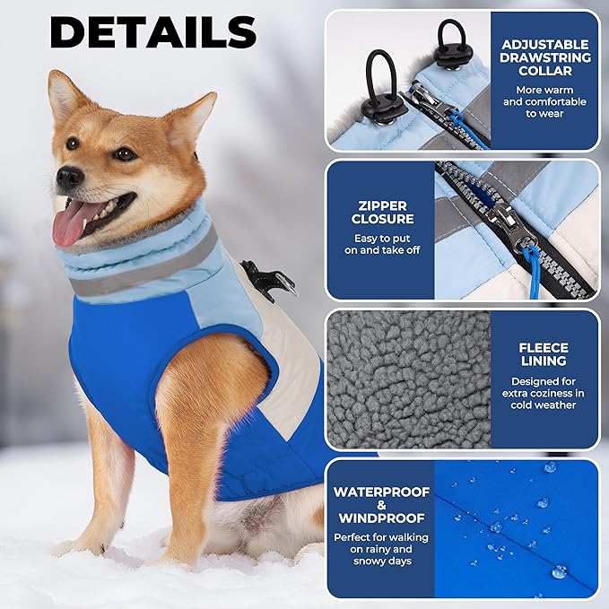 Dog Coats for Medium Dogs, Waterproof Dog Winter Jacket with Harness Built in, Cold Weather Coats, Reflective Zip-up Pet Vest, Warm Fleece Lined Dogs Snowsuit, Blue X-Large