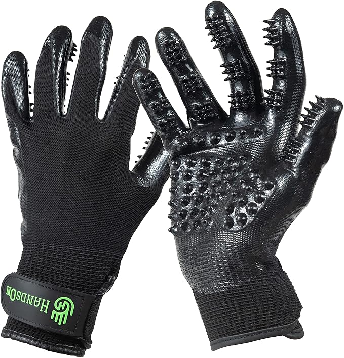 H HandsOn Pet Grooming Gloves - Patented #1 Ranked, Award Winning Shedding, Bathing, & Hair Remover Gloves - Gentle Brush for Cats, Dogs, and Horses (Black, Small)