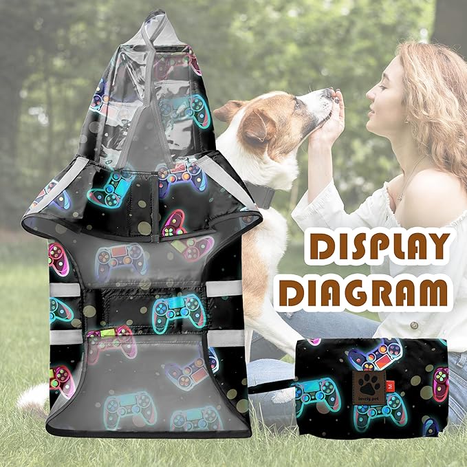 Dog Raincoat, Adjustable Rain Jacket with Hooded Double Layer for Large Medium Small Dogs Puppies, Lightweight Waterproof Rain Coat Poncho with Reflective Stripe Game Controller Black,S