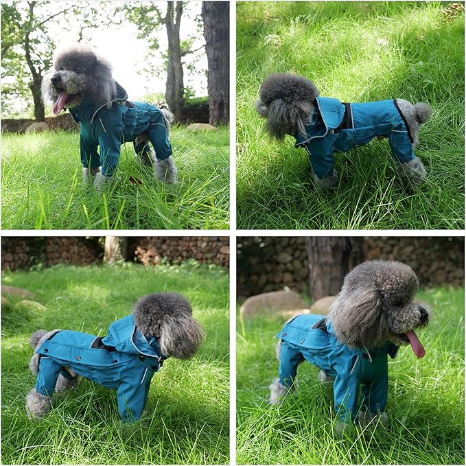 LOVELONGLONG Waterproof Dog Raincoat with Removable Hood – Outdoor Full Body Dog Jacket, Windproof Snowproof Shell Suit – All Season Pet Rain Gear Ocean Teal 4XL