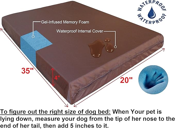 Dogbed4less Orthopedic Gel Cooling Memory Foam Dog Bed with Waterproof Liner and External Durable Suede Cover for Small to Medium Pet 35X20X4 Inches