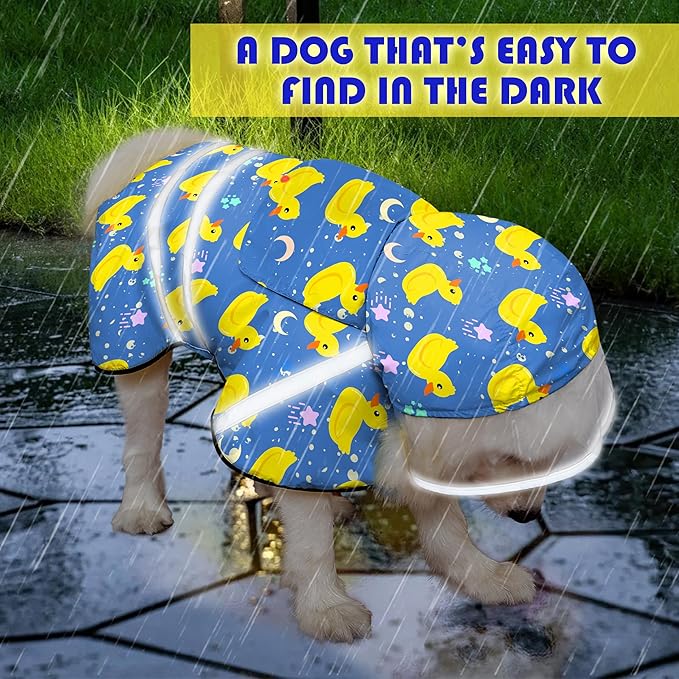 Dog Raincoat, Adjustable Rain Jacket with Hooded Double Layer for Large Medium Small Dogs Puppies, Lightweight Waterproof Rain Coat Poncho with Reflective Stripe Duck Blue,L