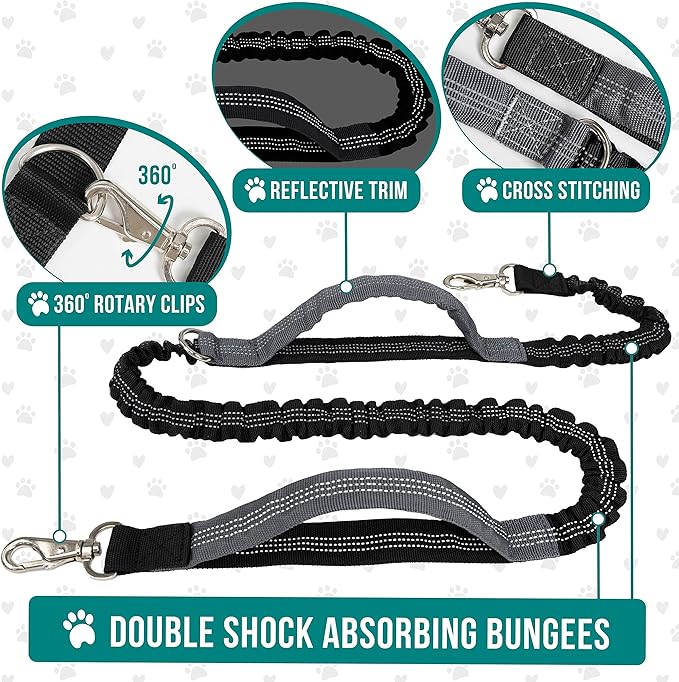 PetAmi Hands Free Dog Leash, Dog Running Leash Belt Bag for Walking, Jogging, Dog Waist Double Zipper Pouch with Poop Bag Dispenser, Dual Padded Handles Reflective Bungee Leash, Double (Black)