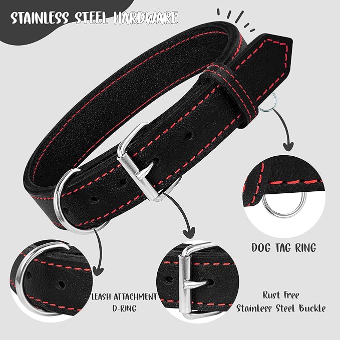 Riparo Dog Collar - Genuine Leather Dog Collars - Heavy Duty Dog Collars for Medium Large and Extra Large Dog Breeds (XL: 1.5” Wide for 22” - 26” Neck, Black/Red Thread)
