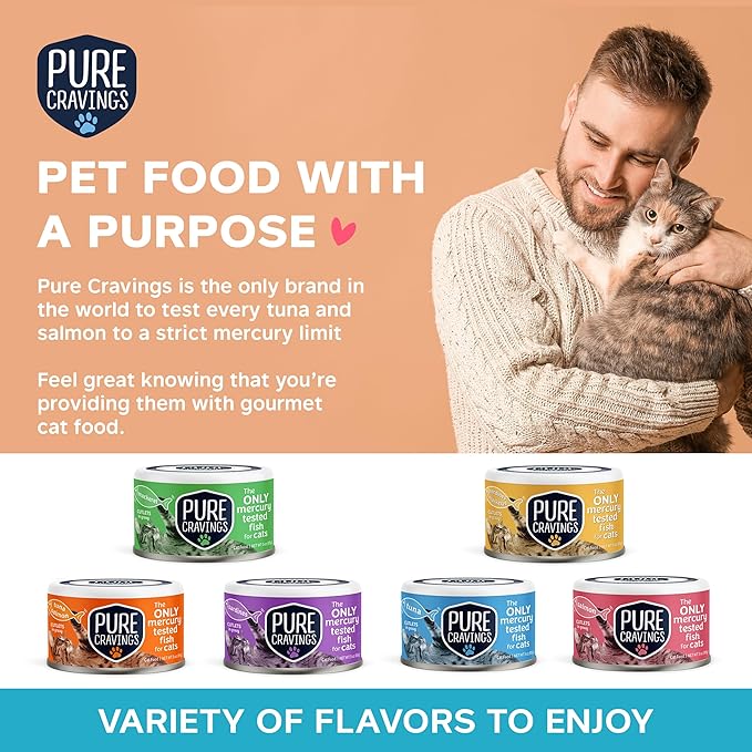 Pure Cravings Wet Cat Food Canned Mackerel Cutlets in Gravy, Every Catch is Mercury Tested, Moist Can Fish for Cats, Grain-Free, Protein, Non-GMO, Pack of 12