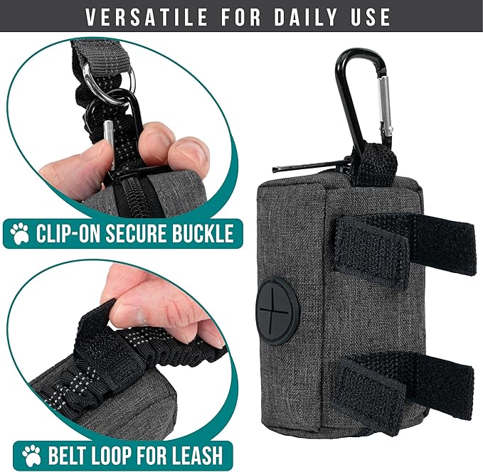 PetAmi Dog Poop Bag Holder for Leash Attachment, Doggie Zipper Pouch Soft Fabric Poop Bag Carrier, Dog Pet Waste Bag Dispenser with Carabiner Clip, 1 Roll of Dog Trash Bag (Black/Gray, 2 Pack)