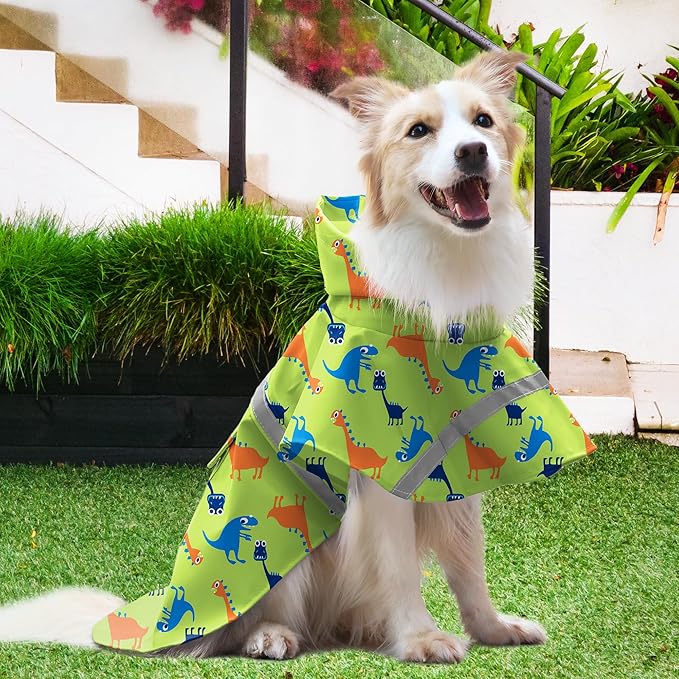 NACOCO Large Dog Raincoat Adjustable - Pet Dinosaurs Water Proof Clothes Lightweight Rain Jacket Poncho Hoodies with Strip Reflective Green (XXL, Green Dinosaur)