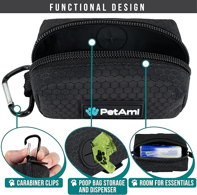 PetAmi Dog Poop Bag Holder for Leash Attachment, Doggie Zipper Pouch Soft Fabric Poop Bag Carrier, Dog Pet Waste Bag Dispenser with Carabiner Clip, 1 Roll of Dog Trash Bag (Black/Gray, 2 Pack)