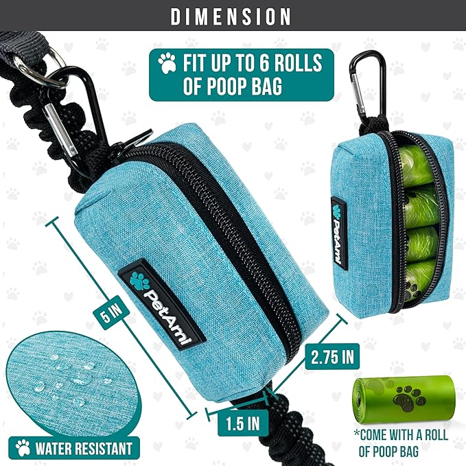 PetAmi Dog Poop Bag Holder for Leash Attachment, Doggie Zipper Pouch Soft Fabric Poop Bag Carrier, Dog Pet Waste Bag Dispenser with Carabiner Clip, 1 Roll of Dog Trash Bag (Blue, 1 Pack)