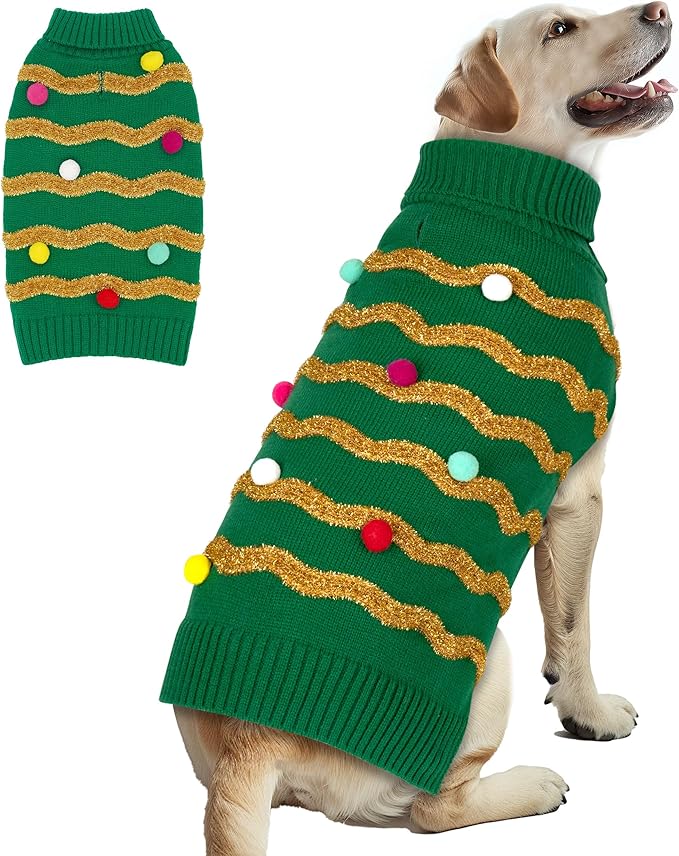 Cyeollo Dog Sweater - Christmas Turtleneck with Leash Hole, Glitter, Winter Clothes for Medium Large Dogs