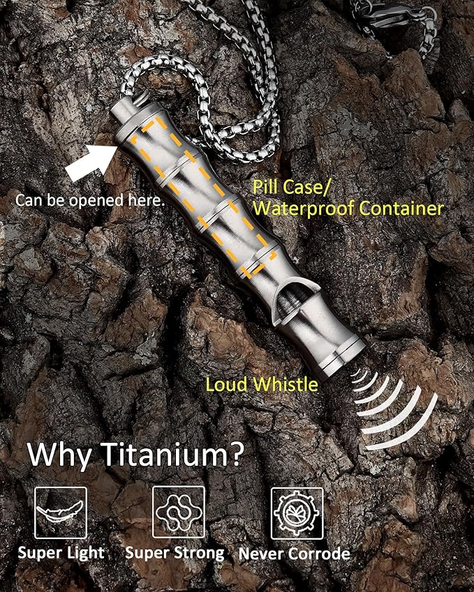 Titanium Pill Holder Necklace for Men Women Emergency Whistle Mini Keychain Nitro Pill Case with Loud Whistles EDC Safety Backpacking Survival Hiking Camping Pets Training