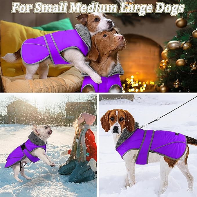 Dogcheer Dog Coat, Waterproof Dog Jacket Reflective Pet Winter Coat with Adjustable Hook & Loop, Christmas Puppy Fleece Jacket Warm Turtleneck Snowsuit for Small Medium Large Dogs - Purple, S