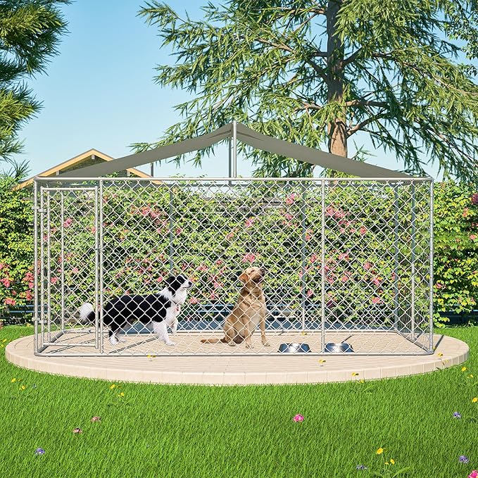 Outdoor Dog Enclosure,Heavy Duty Dog Kennel House Mesh Outside,Galvanized Chain Link Dog Run with Roof,Dog Cage Large Dogs,Dog Pen,Pet Kennel W/Waterproof Anti-UV Cover&Secure Lock for Large Dog