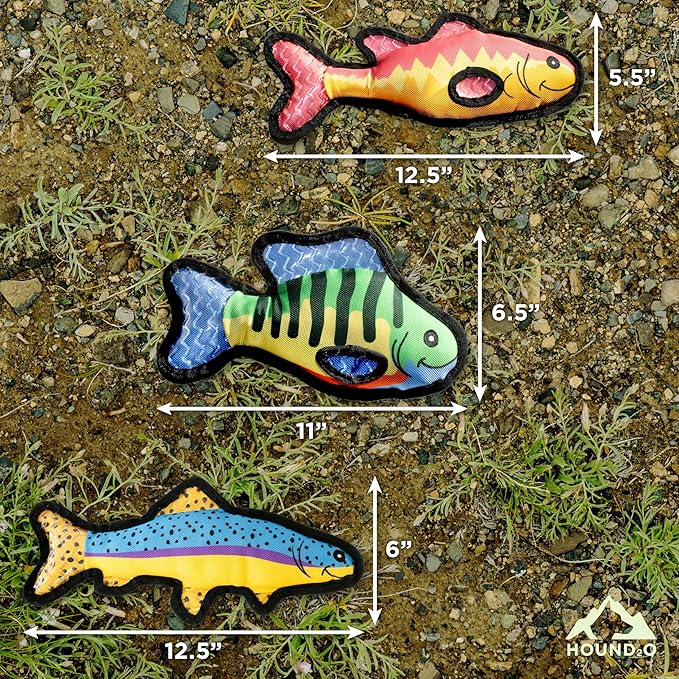 Plush Dog Toys | 3 Pack Bluegill, Trout, & Bass Fish Stuffed Animal Squeaky Toy for Dogs | Outdoor Pet Toy Built for Adventure