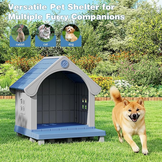 Dog House Outdoor Indoor, Weatherproof Insulated Dog House with Elevated Floor and Air Vents for Small to Medium Dogs,Easy Clean and Assemble (Blue1, 32.95" L×31.5" W×37.88" H)