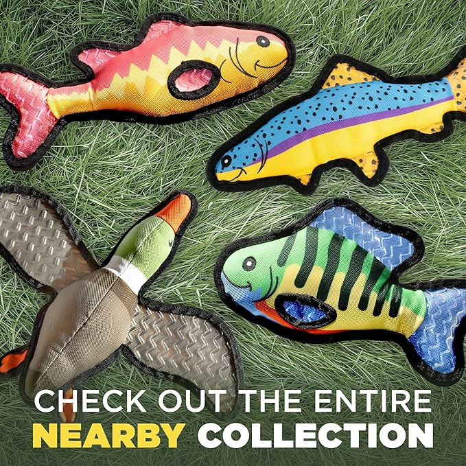 Plush Dog Toys | 2 Pack Flying Duck & Trout Fish Stuffed Animal Squeaky Toy for Dogs | Outdoor Pet Toy Built for Adventure